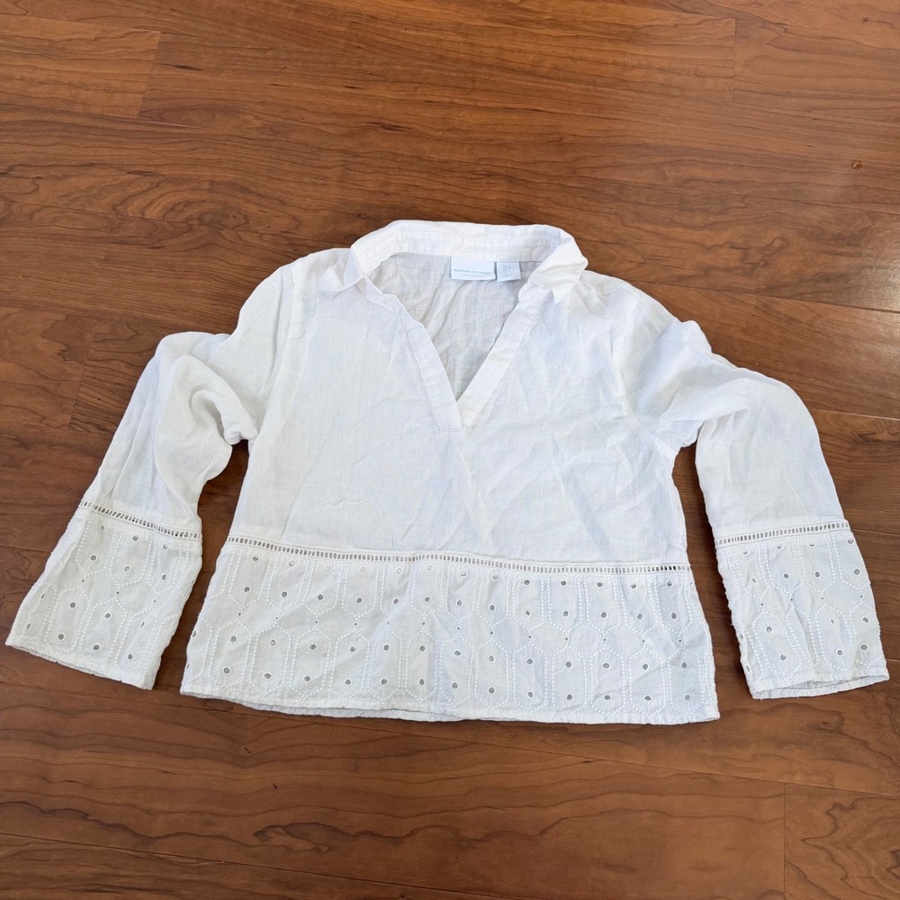 Women's White Boxy Eyelet Blouse Size Small Linen Cotton V Neck‎ Martha Stewart